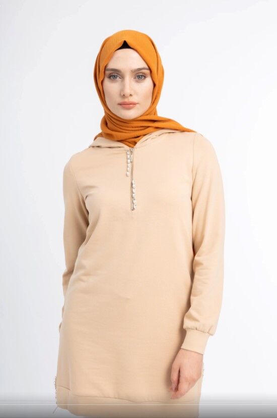 6033 FERMUARLI KAPÜŞONLU YANDAN TAŞ VE FERMUAR DETAYLI İKİ İPLİK SWEAT QYS SWEAT 6033 #23-05#
